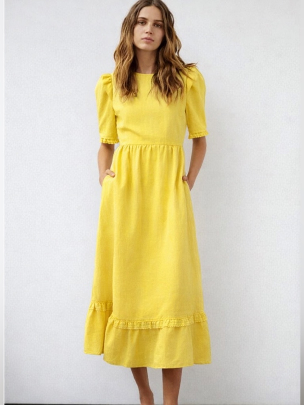 Le Fou Aritzia Bright Yellow Puff‑Sleeve Midi Dress Flowy Ruffles Cottagecore 4